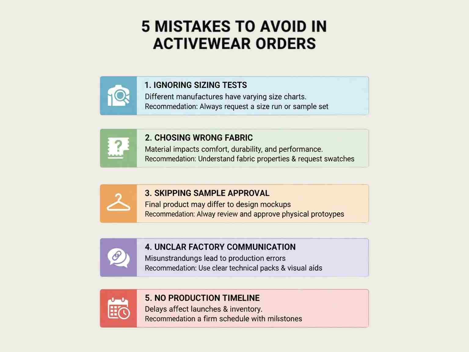 Infographic showing 5 mistakes to avoid in activewear orders